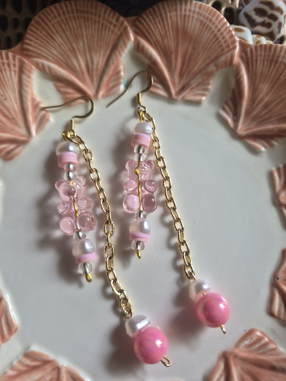 Pearl & Pink Glass Bead Dangle Earrings with Gold Chain